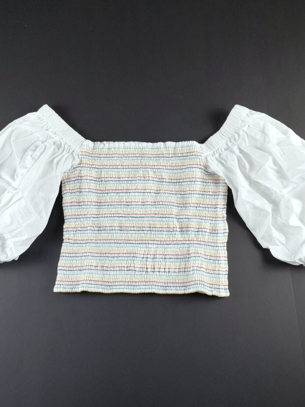 Sokie Collective Puff Sleeve Smocked Crop Top Women's Size M White Multi